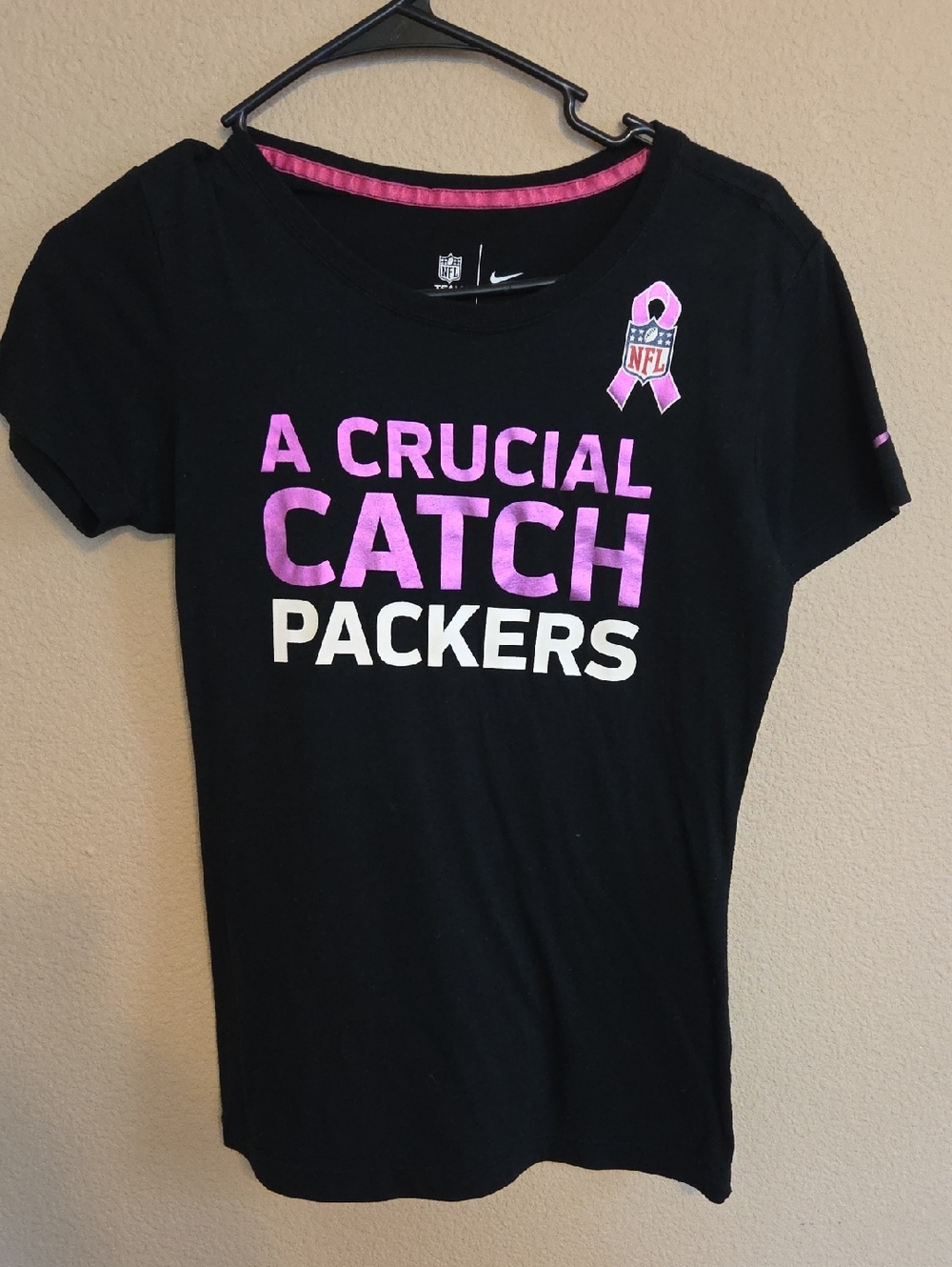 Nike Black Tee with Pink & White 'A Crucial Catch' Packers Graphic